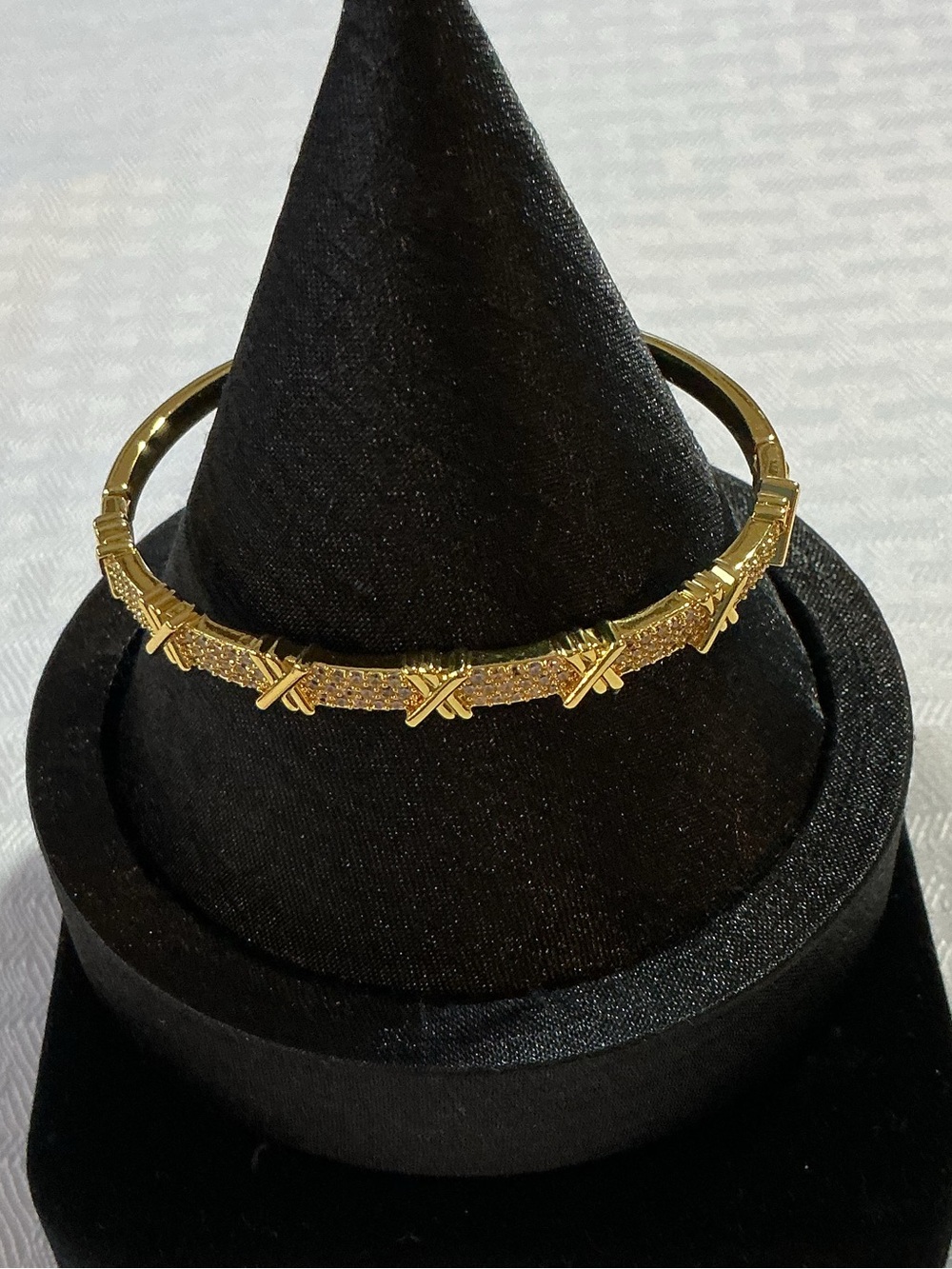 Pave’ Micro Rhinestone “X” Cross Style Gold Tone Bangle Bracelet - Picture 2 of 6